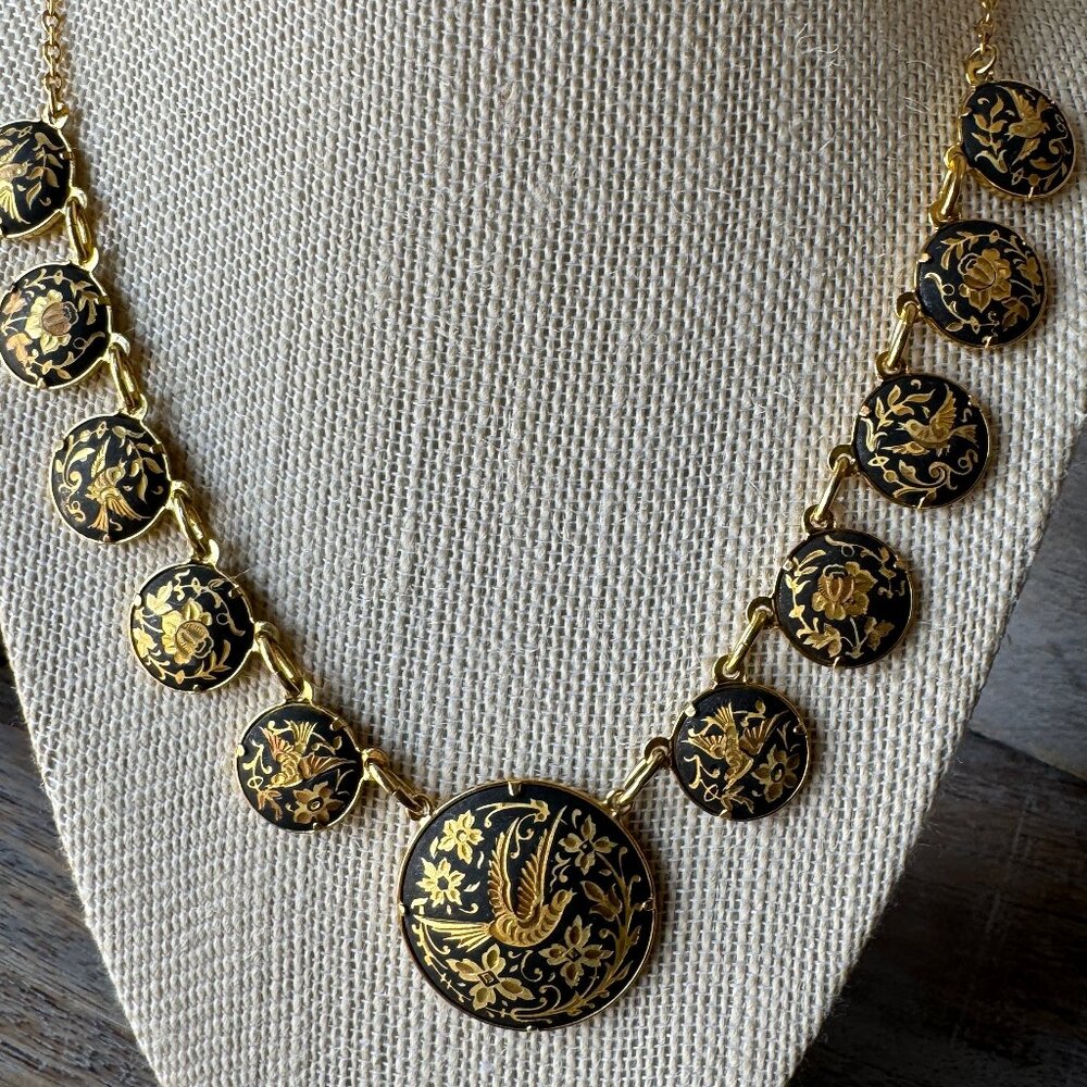 Vintage Black Gold Tone Damascene Medallion Necklace Flowers and Birds